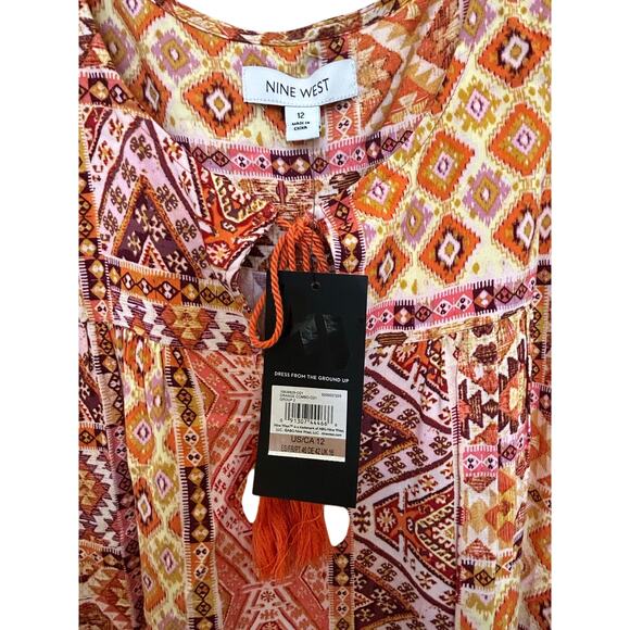 Nine West Women's Orange Printed Tassel Neck Dress Size 12-w3205 - Picture 7 of 11